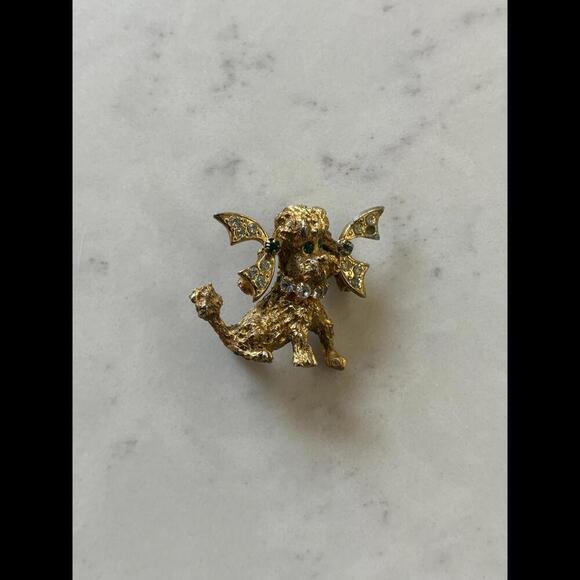 Jewelry - Vintage 70's Golden Poodle Dog Brooch with Gemstone Accents